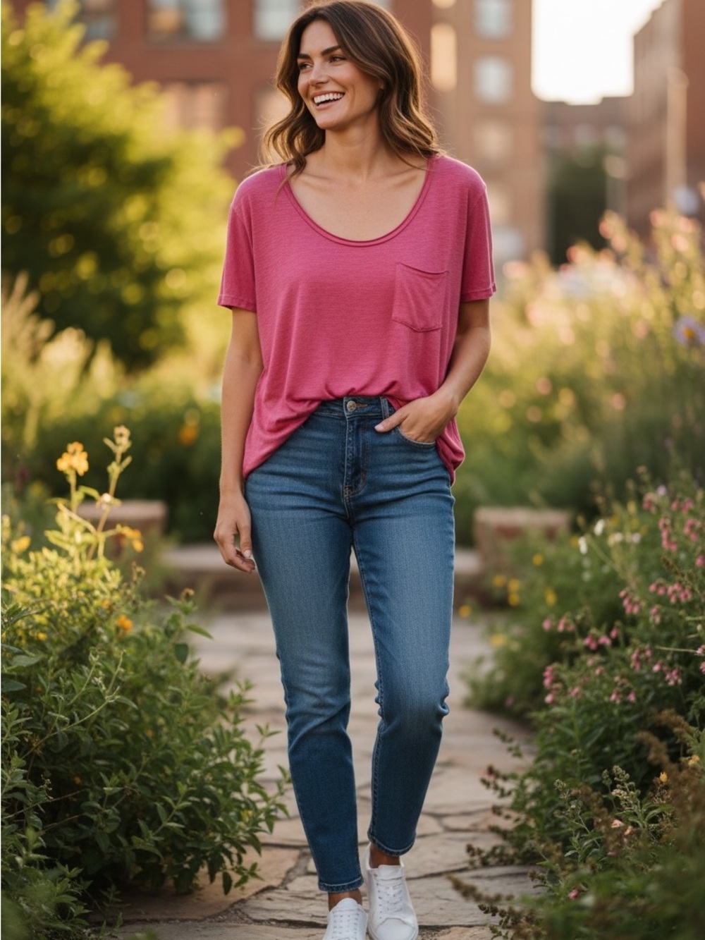 POL Scoop Neck Pocket Tee in Pink